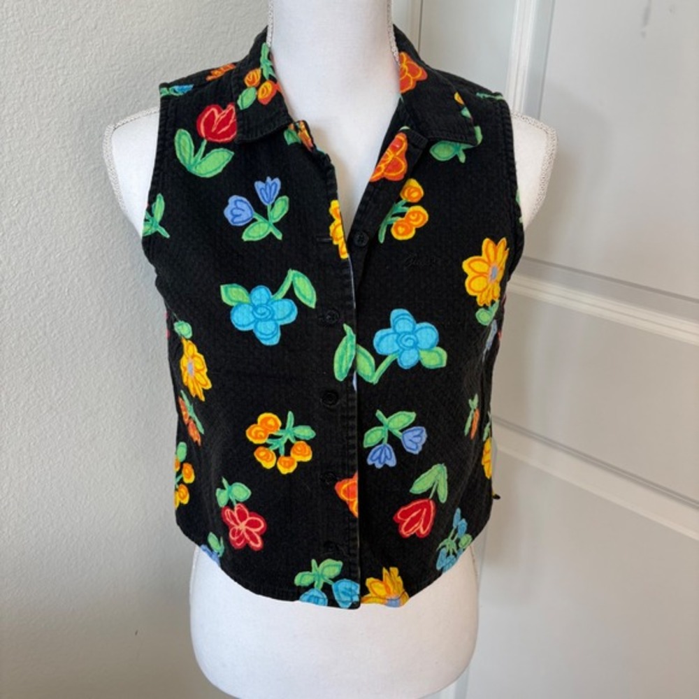 Vintage Guess Jeans Floral Sleeveless Button Down Vest Top Black Multi Color M - Picture 1 of 5